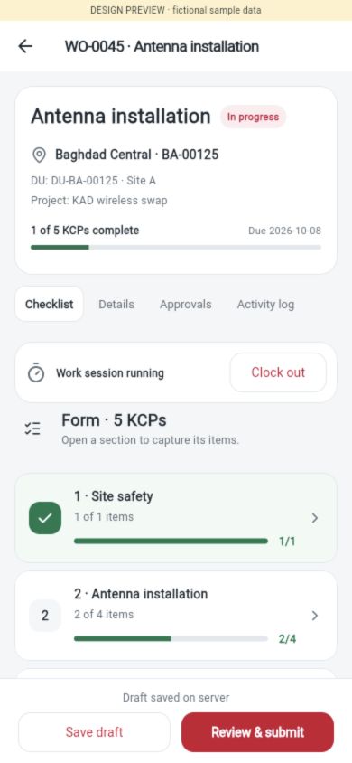 Work-order overview with site context, clock-out control and numbered KCP checklist