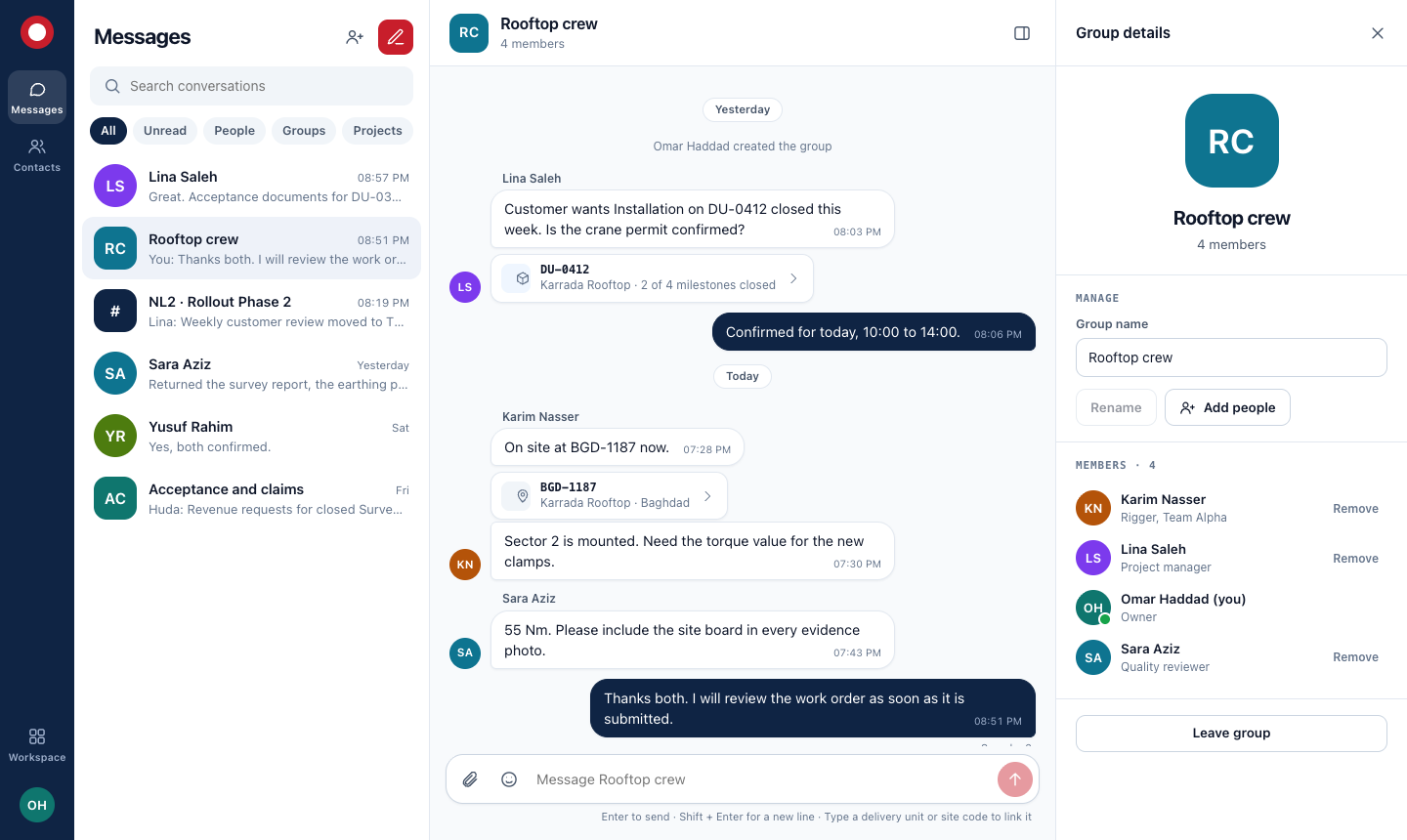 MSDP Connect: conversation list, a group chat with a live delivery unit link, and group details