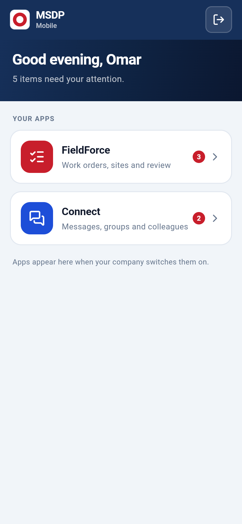 MSDP Mobile home screen listing FieldForce and Connect